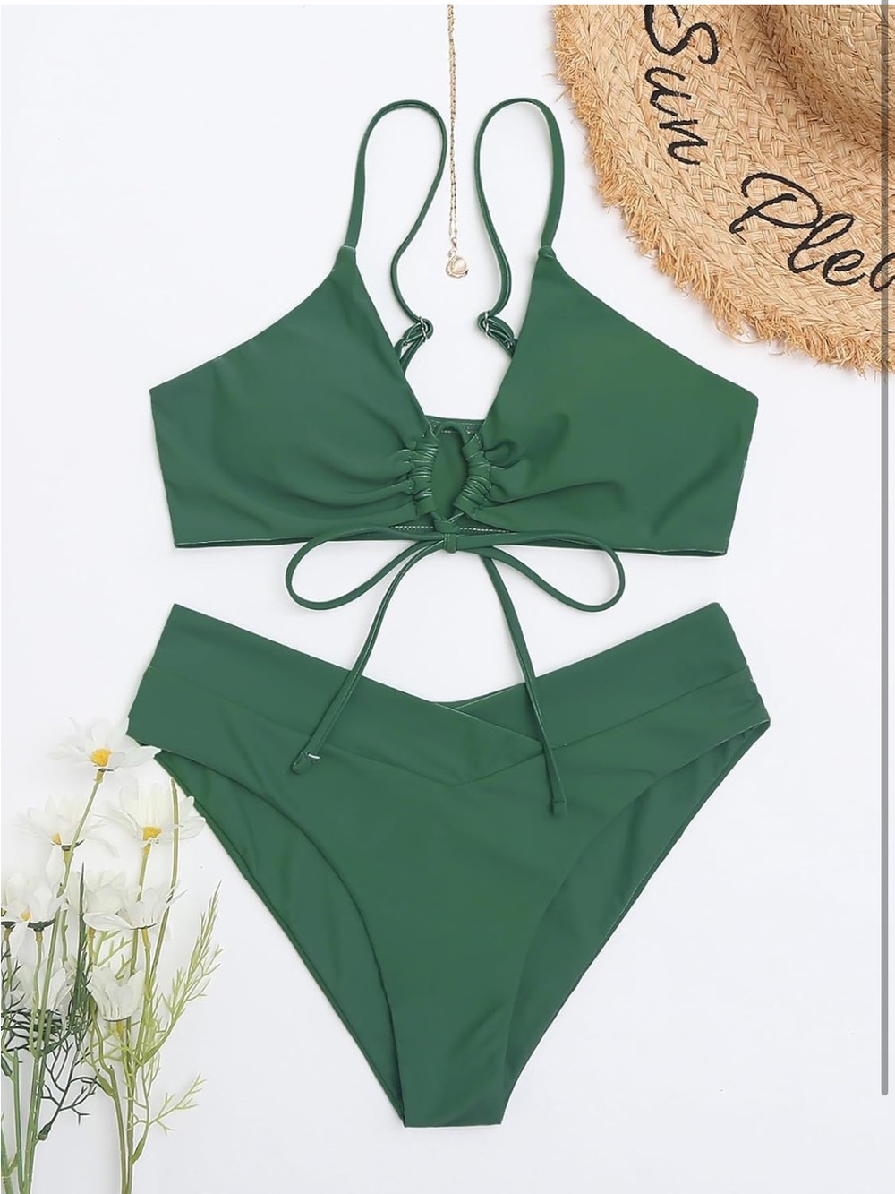 Green Ruched Tie-Front Bikini Set - Women Swim